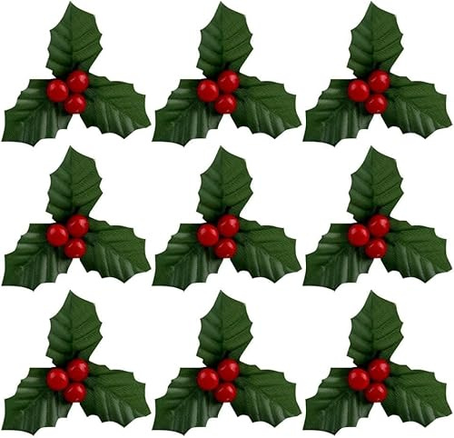 Zhhuoc 20Pcs Red and Green Holly Berries Faux Berry Flowers with Leaves Xmas Berry Picks Decoration,Vase Fillers,Beautiful Wreath Branches,Artificial Plants Flowers