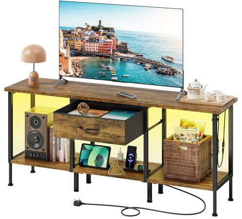 LED TV Stand Unit for 55 50 Inch TV, Rustic TV Unit with Fabric Drawer&Power Outlet, TV Stand Cabinet for Living Room, Bedroom, Entertainment Room, TV Console Table, Industrial Wood