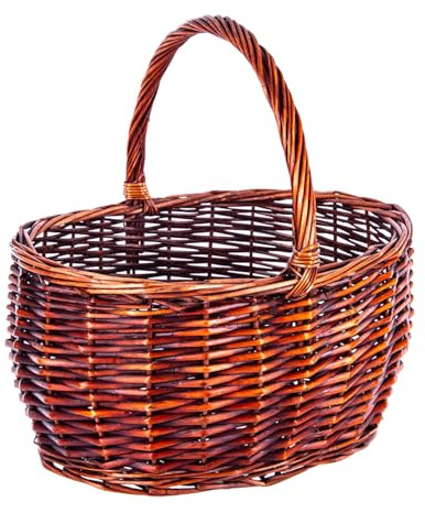 TWO TIGERS | Cesta de Mimbre Grande Bicolor con Asa | Cestas de Almacenaje Multiusos | Ideal para Recolección de Setas, Frutas, Verduras, Madera o Decoración Vintage (Caoba 42 x 32 x 21/42 cm)