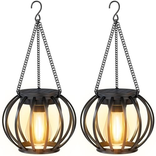 FOFAI Solar Lanterns for Outside Garden: 2 Pack Metal Hanging Solar Lights Outdoor Waterproof - Gardening Birthday Retirement Gifts for Mom Women - Garden Decorative Ornaments for Pathway Patio Yard