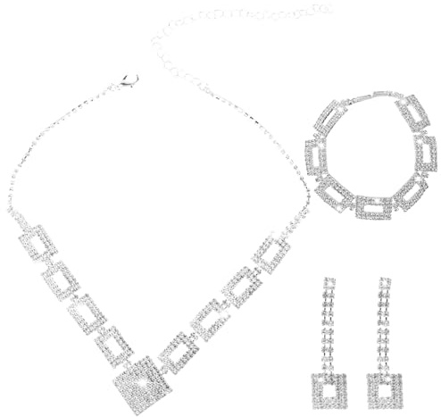 Set de joyas LjFrexia para novia con strass, collar cuadrado, pendientes y pulsera, joyería de plata con strass para boda, accesorios para traje de graduación, para novia, dama de honor y mujer