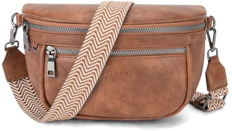 APHISON Damen Bauchtasche Umhängetasche Braun Veganes Leder RFID Blockierung Mehrere Fächer Ultraleicht Hochwertig Verstellbarer Breiter Schultergurt Alltag