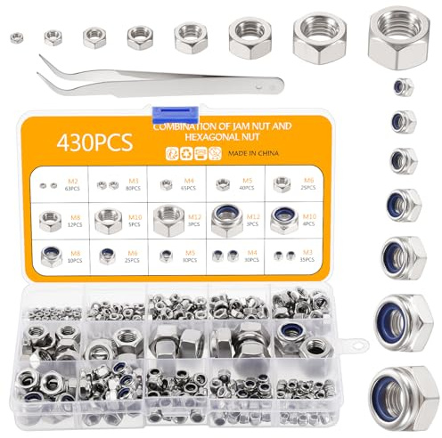 Coolty 430 Stück Sechskantmuttern Selbstsichernde Muttern Set, 304 Edelstahl Mutter Set mit Box, enthält verschiedene Größen M2 M3 M4 M5 M6 M8 M10 M12