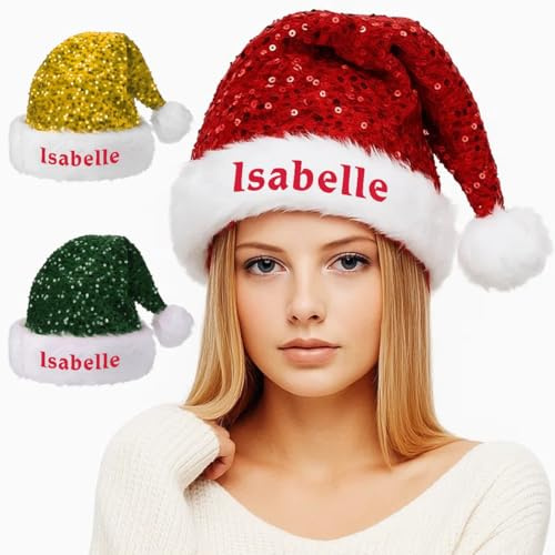 Fegiuly Personalisierte bestickte Weihnachtsmütze mit Namen, individuelle Pailletten-Weihnachtsmütze, rote Plüsch-Urlaubsparty-Kappe für Neujahrsgeschenk