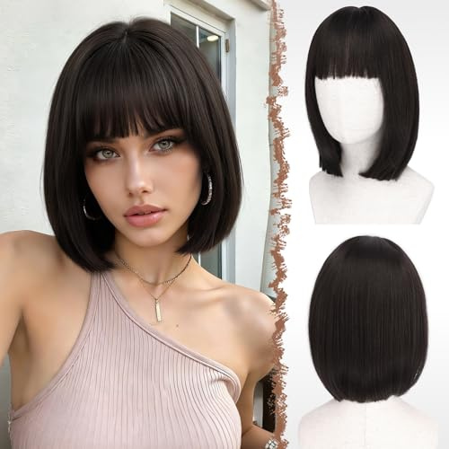 FESHFEN Marron Noir Courte Bob Perruque avec Franges, 30 cm Droites Coloré Perruques de Cheveux Synthétiques Cosplay Utilisation Quotidienne De La Fête pour Femmes Carnaval Straight Bob Wig With Bangs