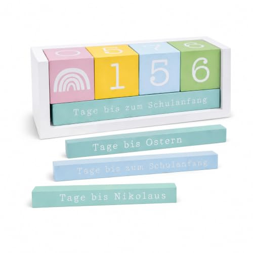 Topshop24you Countdown Würfel aus Holz – Bunter Kalender – 8 Ereignisse – Geburtstag, Weihnachten, Ostern, Schulanfang – Tischkalender Deko aus Holz, bunt