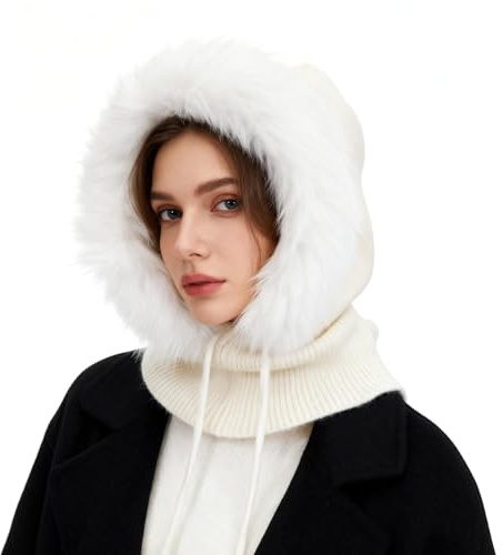 AYPOW Femme Bonnets et Écharpes Tricotés d'hiver, 2 en 1 Chaude Coupe-Vent Réglable Cagoule avec Écharpe à Capuche, Peluche Chapeaux Masque pour Sports de Plein Air Quotidiennes, Cadeaux d'hiver