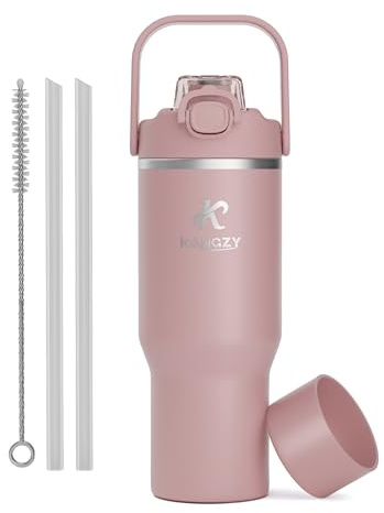 KANGZY Metal Water Bottle with Straw 1L/32oz – Vacuum Insulated Stainless Steel Flask, 2-in-1 Straw & Spout Lid, BPA-Free Leak-Proof Tumbler, Keeps Drinks Hot 8H+ / Cold 24H for Work, Travel Pink