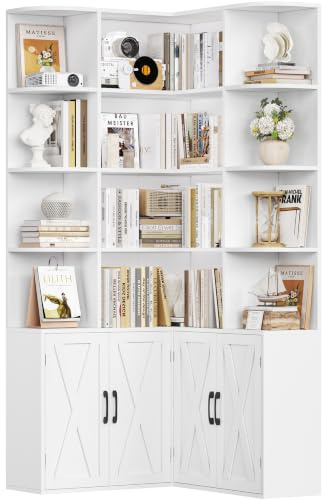FirFurd 187.3 cm Libreria, Libreria Angolare con 12 Scomparti Aperti, Scaffale Salvaspazio con 4 Ante, Scaffale Angolare, Vetrina Espositiva, per Soggiorno, Studio, 80x80x187.3cm (Bianco)
