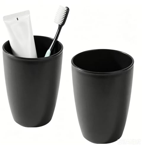 2 Stück Zahnputzbecher Schwarz, 280 ml Zahnbürstenhalter Ohne Bohren Platzsparend Stapelbar & wandmontierbar, Ideal für Familien und Moderne Badezimmer