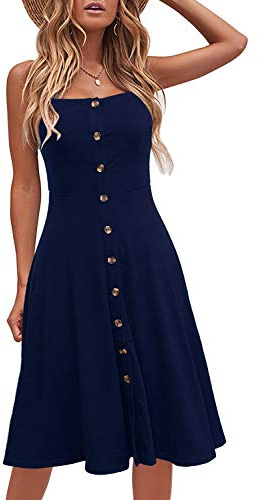Berydress Women's Casual Beach Summer Dresses Solid Cotton Flattering A-Line Spaghetti Strap Button Down Midi Sundress (S, 6046-Navy)