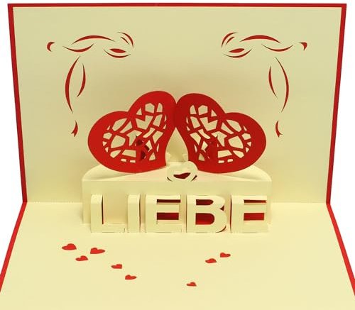 LINPopUp®, LIN17301, Pop Up Karte Liebe, 3D Karte, Pop up Hochzeitskarte, Faltkarte Grußkarte Valentinstag Karte mit Umschlag, N55 (Zwei Herzen LIEBE)