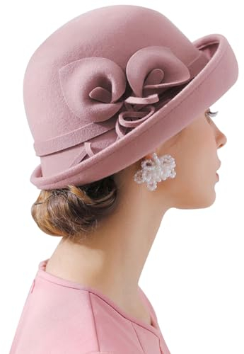 ORIDOOR Fascinator für Damen, Vintage-Stil, Wollfilz, Blumen, Eimer, Glocke, Kirche, Hochzeitskleid, Fascinator, Hut, Winter, Filz, Fedoras, 012-pink, Einheitsgröße