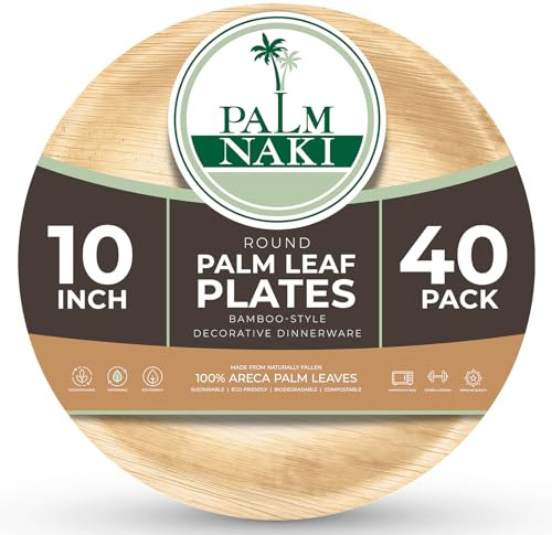 PALM NAKI Eco-Friendly Palm Leaf Plates - 10-Inch Round - Bamboo Style (40 Pack), Sustainable, Decorative & Compostable Tableware (10)