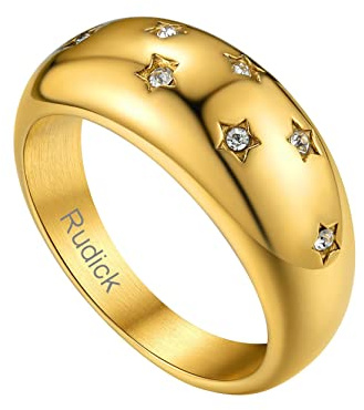 Benutzerdefinierter Edelstahl Kuppelring mit Strasssternen mit Namen Gravur 8.8mm breit Schlichter Polierter Siegelring Dünne Stapelbare Fingerringe für Damen Frauen Ringgröße 54.4（17.3） in Gold