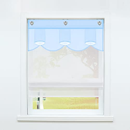 SCHOAL Raffrollo ohne Bohren Raffgardinen mit U-Haken Küche Gardinen mit Ösen Transparent Voile Ovale Figur Muster Blau BxH 80x140 1 Stück