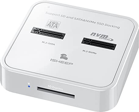 ISHEEP M.2 SATA and NVMe Estación de Acoplamiento, SSD Duplicador, con Lector de Tarjetas SD Express, USB C 10Gbps, para M o B&M-Key NVMe SSD y B&M-Key M.2 SATA SSD(H016SD)