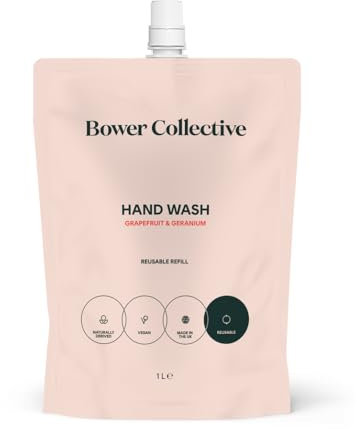 Bower Collective Natural Antibacterial Liquid Hand Soap Refill, Geranium & Grapefruit Handwash Refill, Eco-Friendly Soap, 1 Litre, 300+ Washes