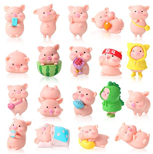 Leitee 19 Pcs Pig Mini Figurines Bird Dog Cat Figure Animal Set Cute Figurine Pig Cake Toppers for Home Desk Birthday Party Decorations(Classic)