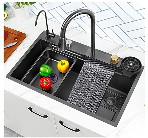 Fregadero Cocina Negro Fregadero Bajo Encimera, 68 x 45cm/75 x 45cm, Nano Raindance moderno Fregadero sobre Encimera ou Empotrado, Copete Encimera con escurridor, Grifo extraíble, Tabla de Cortar ( Co