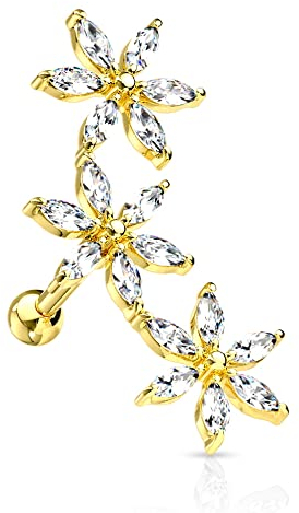Treuheld® Kurzer Piercing Stab mit Kristall-Blume | 5 Farben [02.] - Gold (Kristalle: klar)