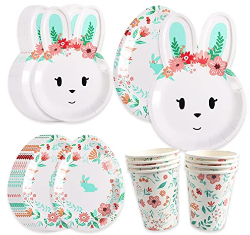 Set de Vaisselle pour Fête de Pâques 24Pcs - Gobelets en Papier pour Anniversaire d'Enfants - Décoration Lapin (Vert)