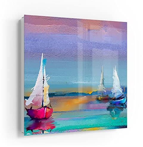 DEQORI Schlüsselkasten weiß | 30x30 cm | Motiv Drei bunte Segelboote | Glas & Metall Schlüssel-Box | Schlüsselschrank mit 50 Haken + 2 Magnete | Moderne Design Box magnetisch & beschreibbar