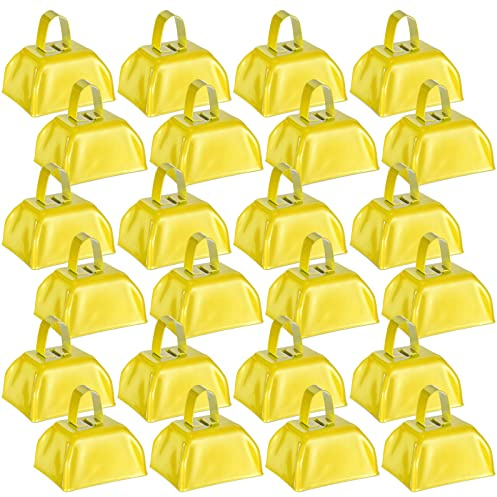 Yeshone 24 Pcs Metal Cowbell with Handle Cow Bells Noise Makers for Sporting Events Small Loud Noisemaker Cow Bell for Wedding Cheering Football Games, 3 x 2.8 x 2.5 Inch(Yellow)