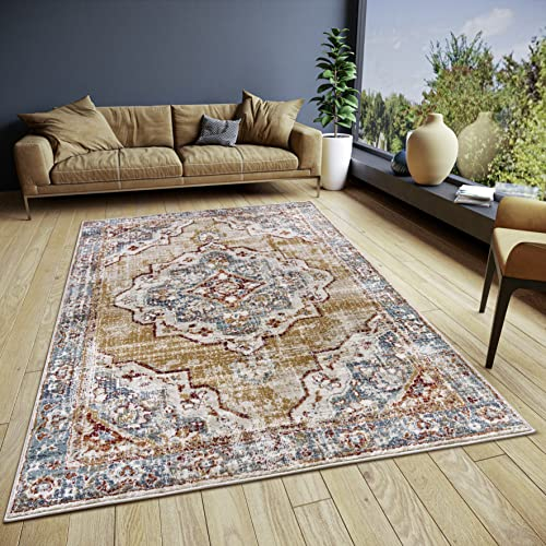 Hanse Home Strozzi Teppich Orientalisch– Orient Läufer klassisch dicht gewebt mit Ornamenten Vintage-Look Weicher Kurzflor für Schlafzimmer, Esszimmer, Wohnzimmer – Beige Blau, 140x200cm