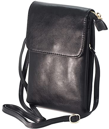 BAWAKO Damen Umhängetasche, Handytasche PU leder, Schicke schultertasche mit Reißverschluss Damen und Mädchen, tragbar kleine Handtasche (Schwarz)