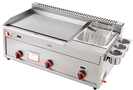 Freidora de Gas Multifuncional + Plancha, freidora de Gas de 30L Tanque Freidora de Chips de Pollo de Acero Inoxidable con Cuchara de Cesta para Restaurante Comercial Cocina casera