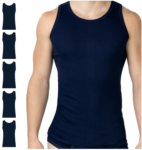 SES finribbad undertröja för män, 5-pack S – 4XL/figurnära tanktopp för män av 100 % bomull/herrundertröjor med kroppsnära passform, marinblå, XXL