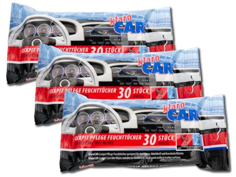 klaroCAR Lot de 3 lingettes humides de soin Cockpit | 90 pièces | pour robinetterie, plastique et cuir synthétique | Pour un nettoyage doux, rapide et en profondeur de l'habitacle de la voiture