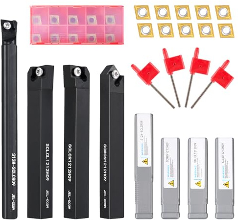 Indexable Lathe Turning Tools, 12mm Shank Boring bar Turning Tool Holders, S12MSCLCR09,SCLCR1212H09,SCLCL1212H09,SCCMN1212H09-4 Lathe Tool Holder with 10 CCMT09T304 Carbide Inserts