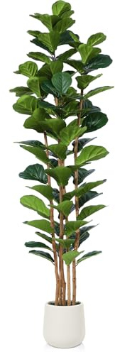 OAKRED Artificial Fiddle Leaf Fig Tree with White Planter, 7ft Tall Fake Tree with Natural Wood Trunk for Home Decor, Faux Ficus Tree Fake Moss for Indoor Office Living Room