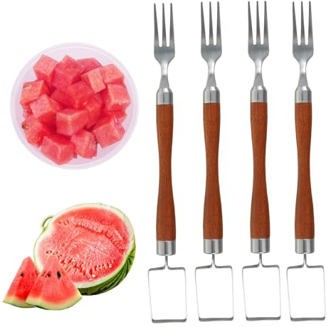 MENIBBLER 2 In 1 Stainless Steel Fruit Cutter, 4Pcs Watermelon Cutter Slicer Tool, Portable Watermelon Fork Slicer Cutter, Multifunctional Fruit Slicer Fork for Summer Family Party Camping
