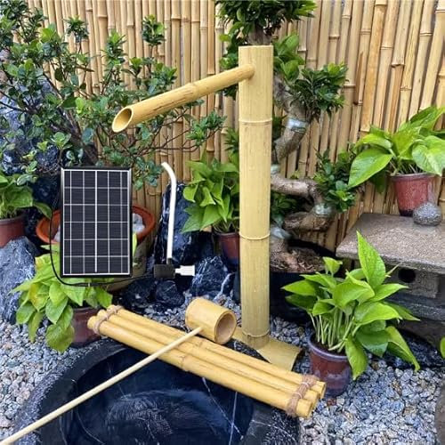 DDKYHU Fontaine à Eau Solaire en Bambou avec Pompe et Solaire, décoration de Jardin extérieur Feng Shui, kit de Fontaine Solaire en Bambou, pour pelouse intérieure et extérieure, créativité