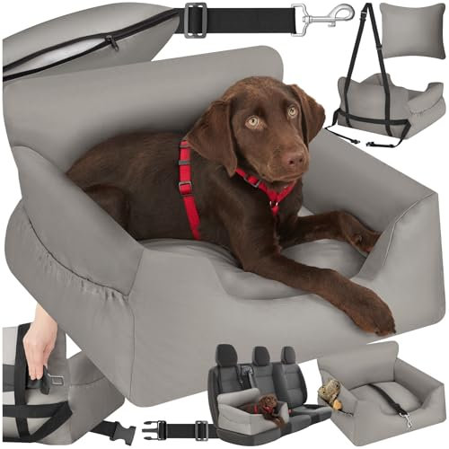 tectake Siège de voiture pour chiens de petite et moyenne taille – Sangle réglable, coussin lavable, protecteur et transport – Gris