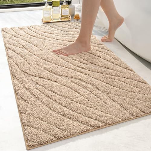DEXI Absorbent Bath Mat 61 x 110 cm, Soft Bathroom Mats with Non Slip Backing, Machine Washable Microfiber Rug for Shower Floor, Beige