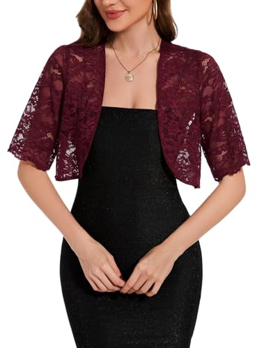 MINTLIMIT Spetsbolero kofta dam öppen framkofta kortärmad boleros casual kort stickad bolero lätt, R-vinröd, M