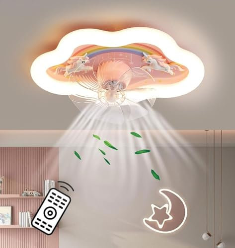 PTLYE Luz de Techo LED con Ventilador, luz de Ventilador de Nube de Arco Iris de Dibujos Animados, Ventilador de Techo Regulable con Mando a Distancia con iluminación, luz de Ventilador Rosa Moderna