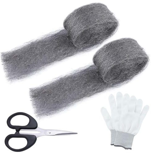 GOLD DEER 2 Packs Steel Wool Mice Control 2.75x9.84Ft Gap Fill Fabric Hole Filler with Gloves & Scissors Wall Cracks Gap Blocker Protect Against Animals in Holes, Pipeline, Vents for House, Garage