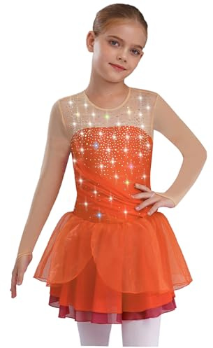 Nyeemya Mädchen Langarm Eiskunstlauf Kleid Strass Glitzer Leotard Mit Wickelrock Tanzkleid Turnanzug Wettbewerb Tanzkleidung Orange 146-152
