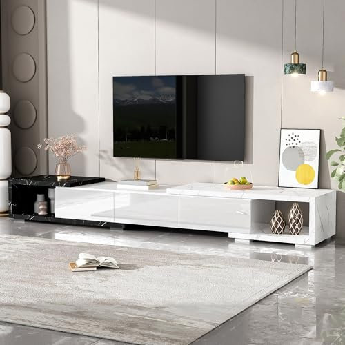 Meuble TV de Luxe Moderne Aspect Marbre, Meuble TV Bas Brillant, Longueur Réglable (140-179,5 cm), Banc TV Extensible, Meuble Télé avec 3 Portes, étagère TV pour Téléviseurs jusqu'à 70, Blanc