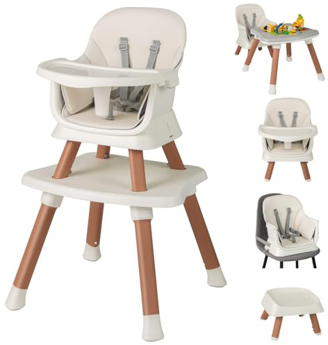 Maxmass 6 in 1 Convertible Baby High Chair, Highchair Converts to Table & Chair Set, Infant Feeding Chair with Harness, Removable Tray, High Chairs for Babies Toddlers (Beige+Natural, 58x58x98cm)