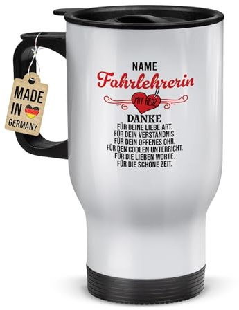 Tassendruck Edelstahl-Thermobecher selbst gestalten mit Name - Fahrlehrerin mit Herz - Geschenk für Fahrlehrer, Abschiedsgeschenk, Coffee To Go Becher, Personalisiert, Weiß, 390 ml