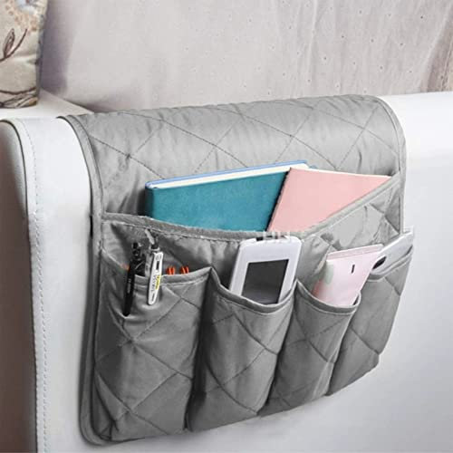 KXAOXGRC Sofa Armlehne Aufbewahrungsbox， Fernbedienungshalter for Liegecouch, Aufbewahrungsbehälter for die Seitentasche eines Sessels mit 5 Taschen for Zeitschriften, Tablets und Telefon(Grey)