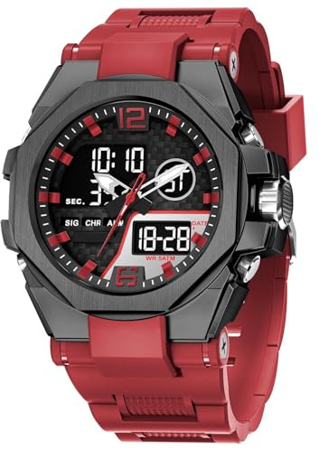 Herr Militärklocka för Herr Taktiska Klockor Sport Utomhus Vattentät Digial Analog Alarm Stoppur Big Face Armbandsur(Red)