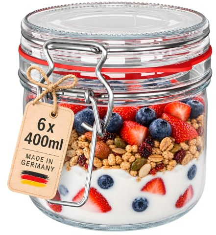 WELLGRO 6x Einmachgläser mit Bügelverschluss rund 400ml, Fermentierglas, Vorratsgläser mit Deckel - Gläser mit Deckel Made in Germany