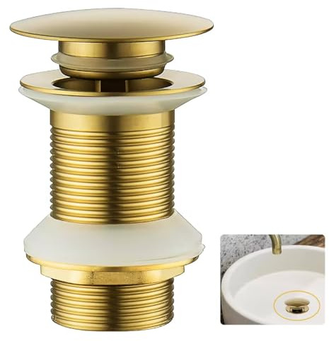 Wjelet Brushed Gold Pop Up Basin Waste Without Overflow, 1 1/4 Click Clack Sink Plug for Bathroom, Slotted Push Button Waste for for Bathroom Basins and Vessel Sinks (Brass/Gold)